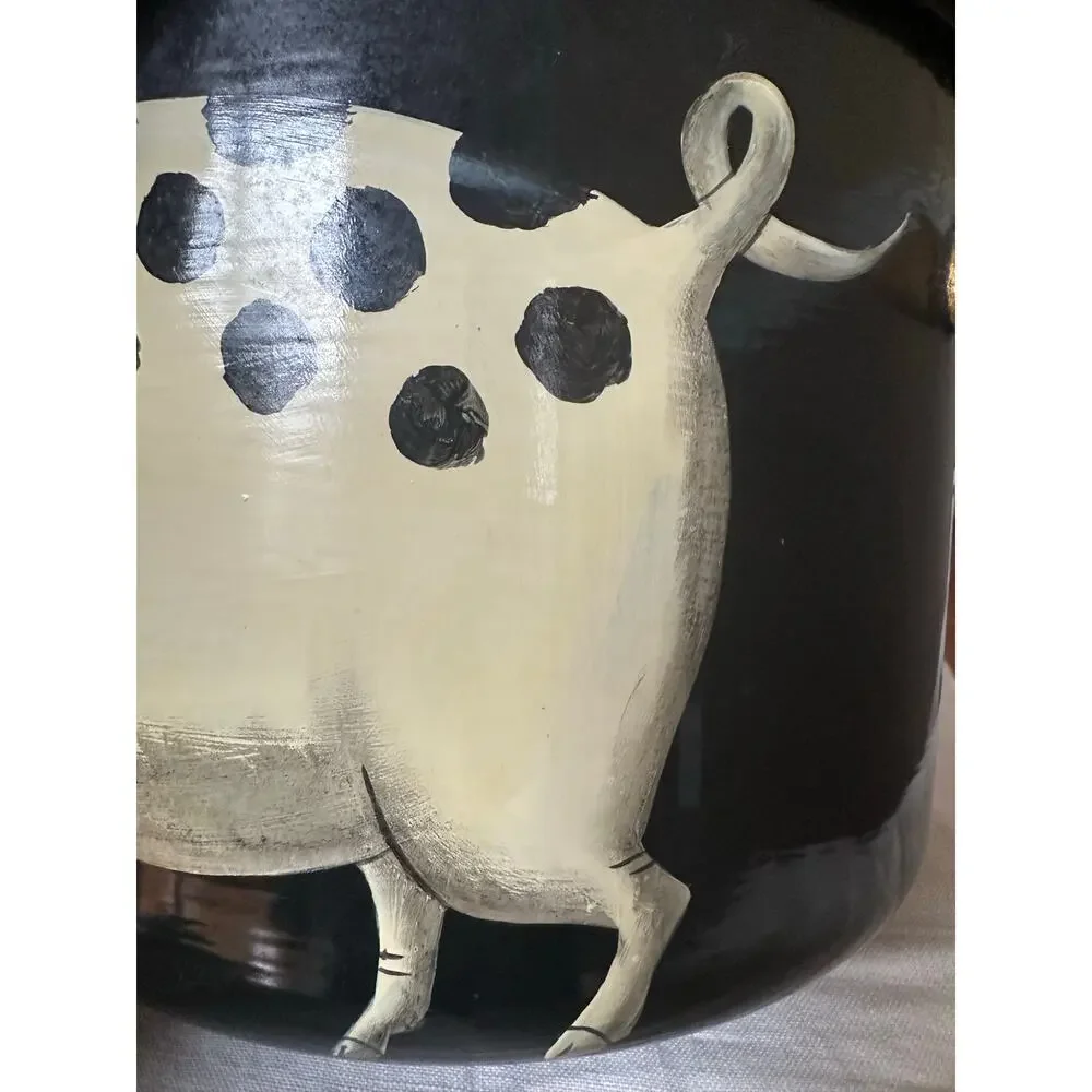 Emma Hunk Hand Painted Enamel Pot PIGS, 2000 vintage black Gold Handles 6.5x10”